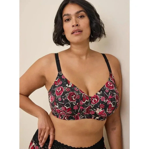 Torrid Women's Red & Black Floral Back Hook Eye Dream Wire-Free Bra Size 40D - Picture 1 of 7